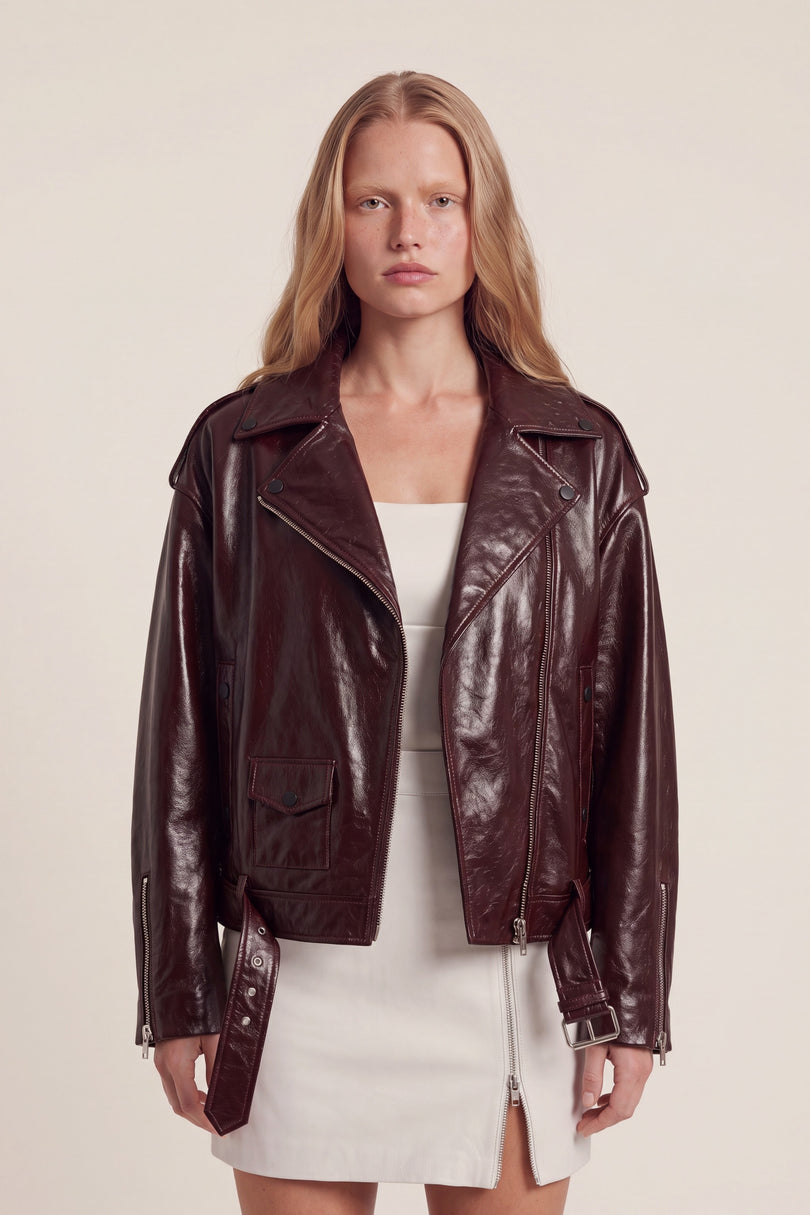 Patent Lambskin Biker Jacket - Oxblood - macro view