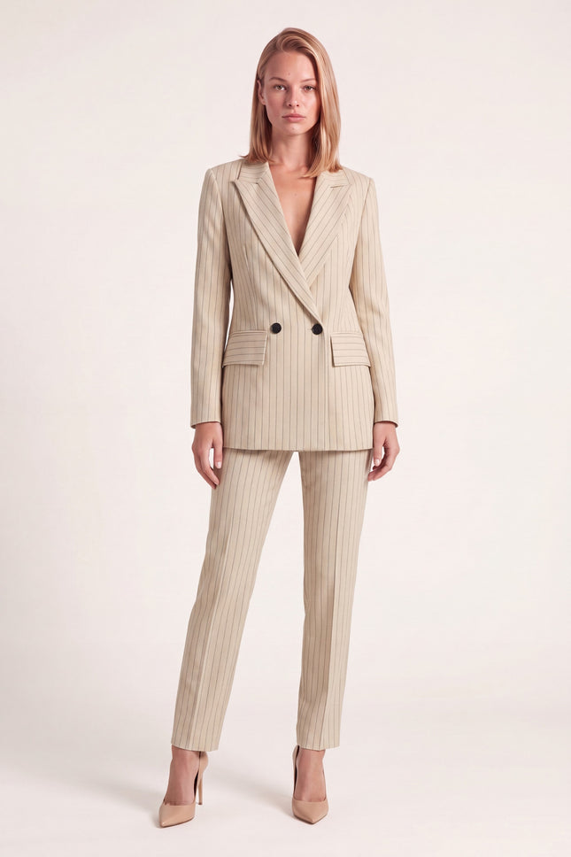 Pinstripe Peak Lapel Suit - Beige - front view