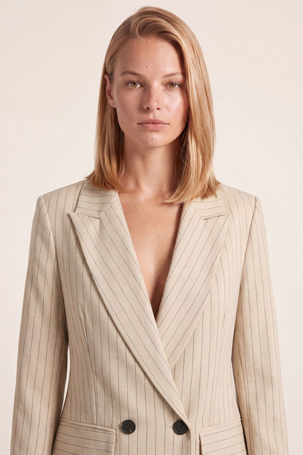 Pinstripe Peak Lapel Suit - Beige - macro view