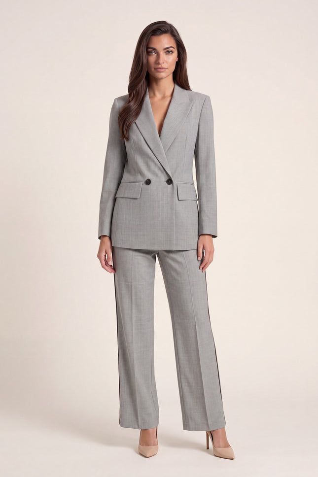 Pinstripe Double-Breasted Wool Suit - Grey - front view
