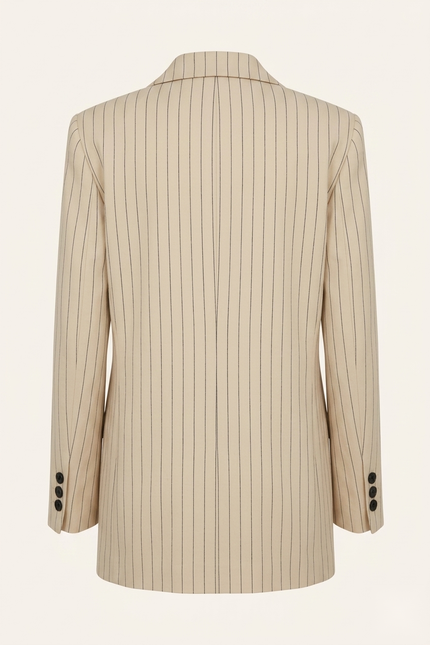 Women's pinstripe peak lapel suit in beige — back view