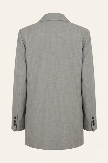 Women's pinstripe peak lapel suit in grey — back view