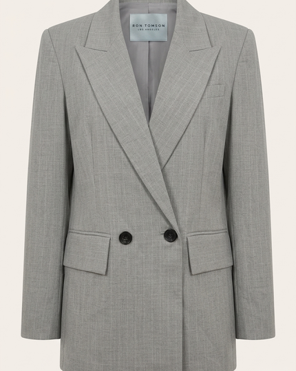 Women's pinstripe peak lapel suit in grey — front view