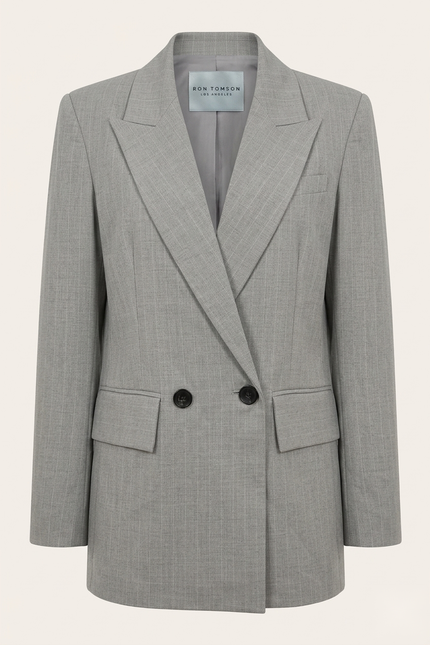 Women's pinstripe peak lapel suit in grey — front view