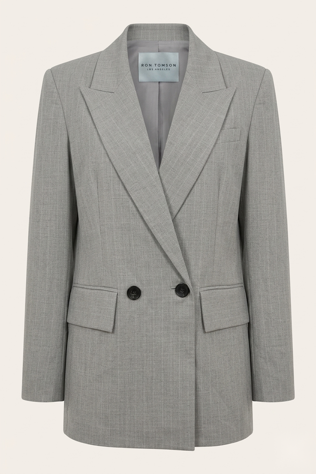 Women's pinstripe peak lapel suit in grey — front view