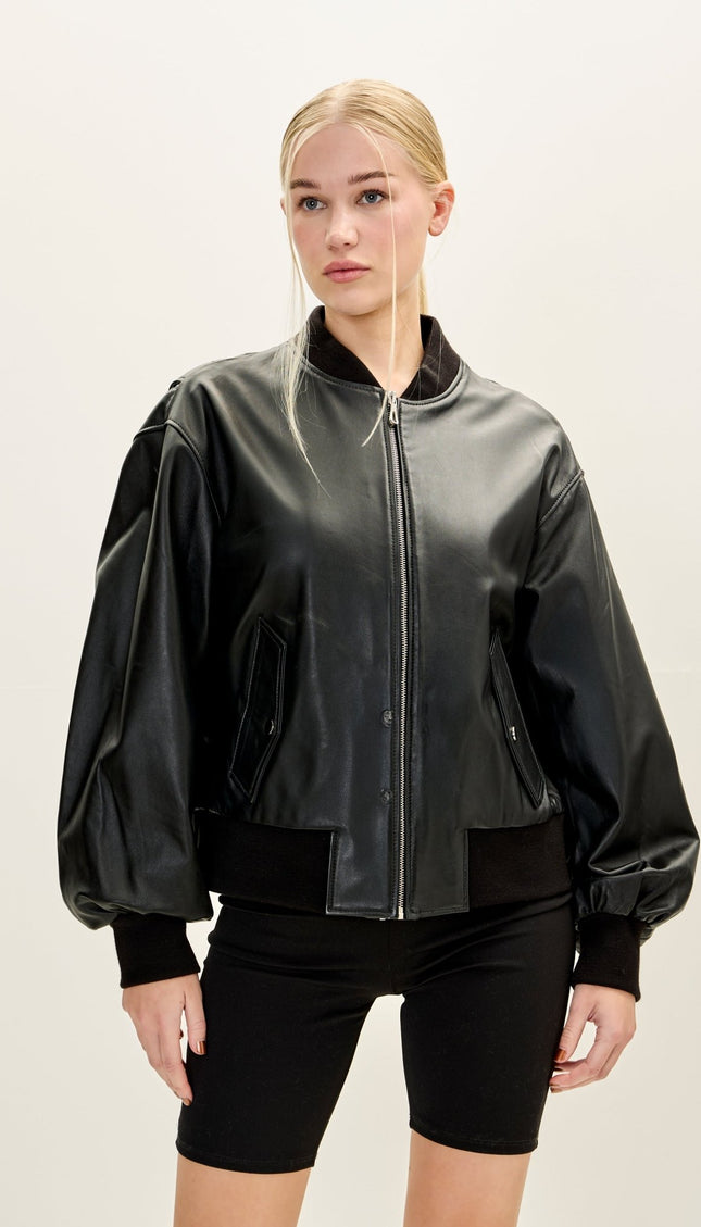 Women's Premium Leather Bubble - Sleeve Jacket - Black - Ron Tomson