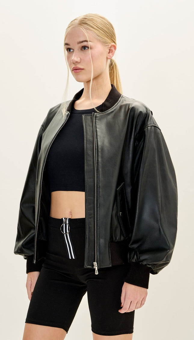 Women's Premium Leather Bubble - Sleeve Jacket - Black - Ron Tomson