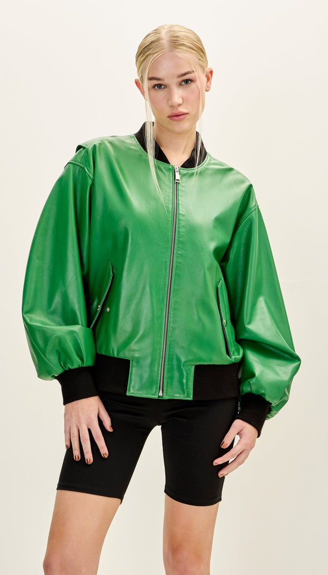 Women's Premium Leather Bubble - Sleeve Jacket - Green - Ron Tomson