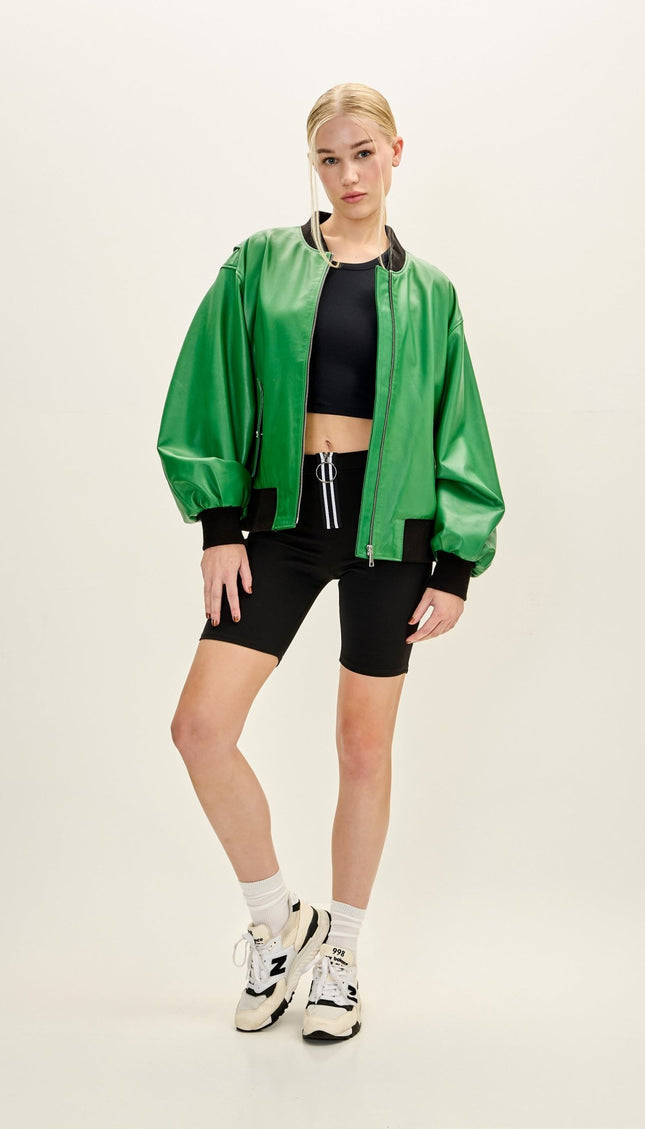 Women's Premium Leather Bubble - Sleeve Jacket - Green - Ron Tomson