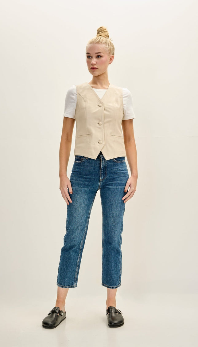 Women's Premium Leather Covered Buttons Vest - Beige - Ron Tomson