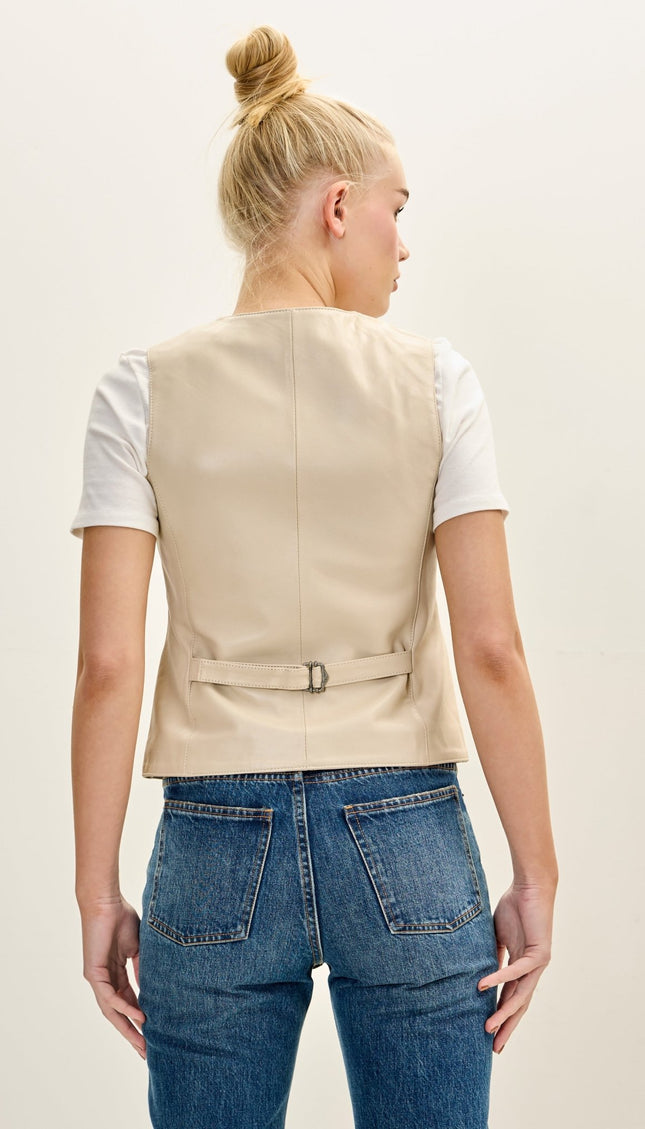 Women's Premium Leather Covered Buttons Vest - Beige - Ron Tomson