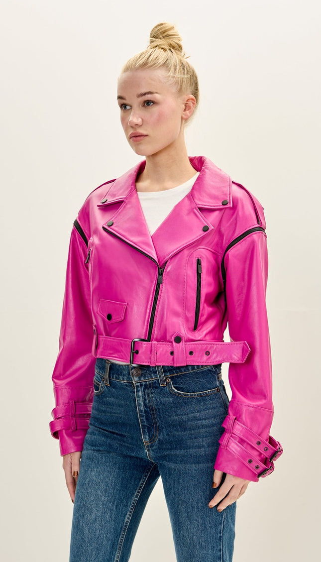 Women's Premium Leather Cropped Moto Jacket - Pink - Ron Tomson