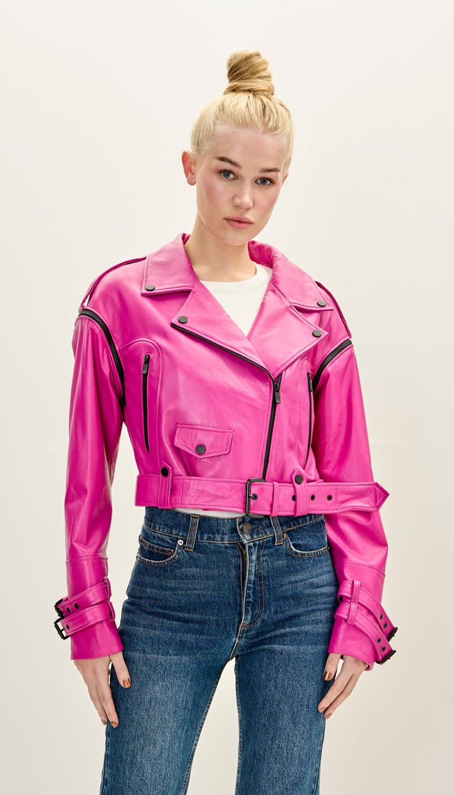Women's Premium Leather Cropped Moto Jacket - Pink - Ron Tomson