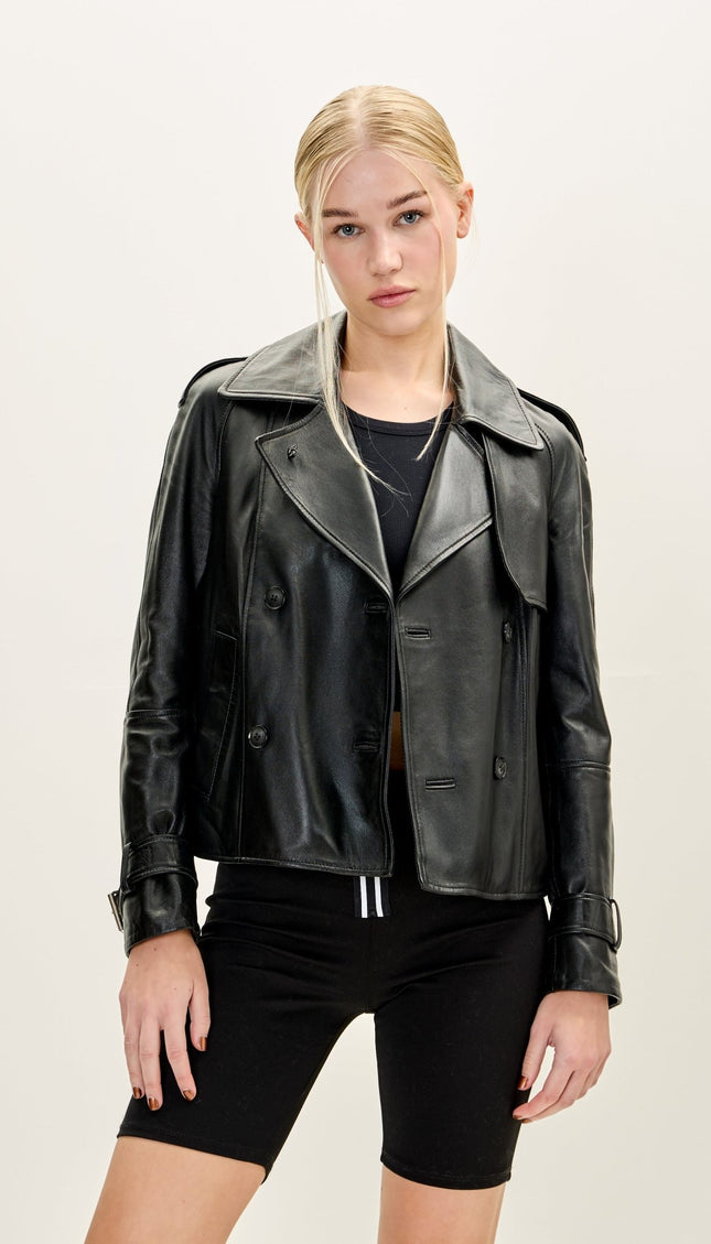 Women's Premium Leather Double Breasted Short Trench Jacket - Black - Ron Tomson