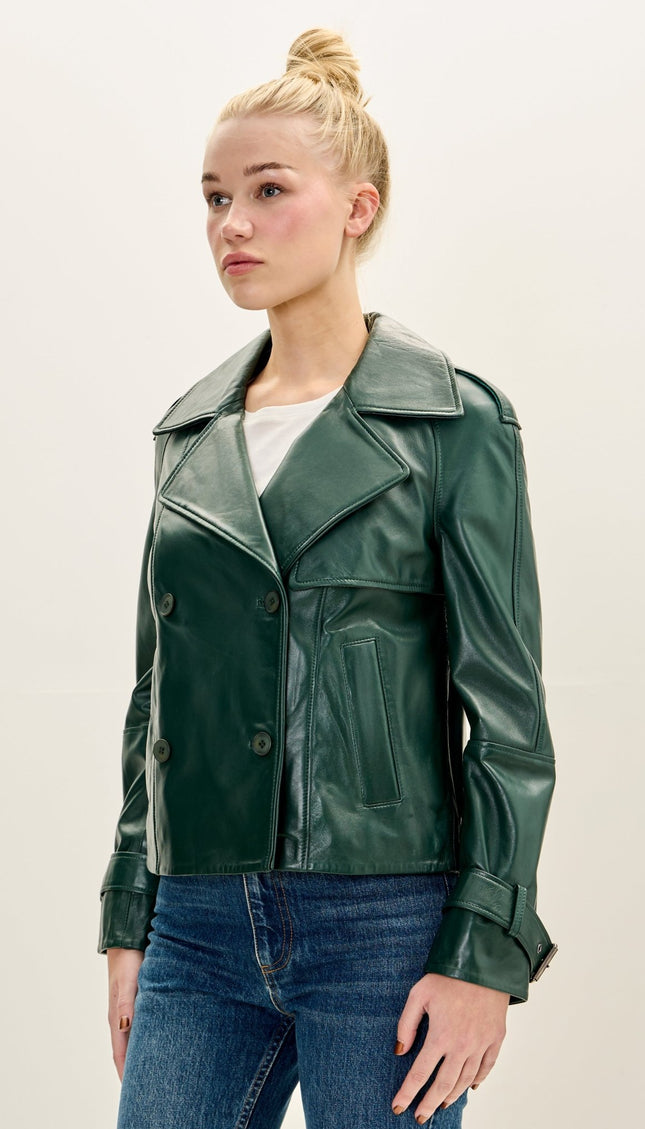 Women's Premium Leather Double Breasted Short Trench Jacket - Green - Ron Tomson