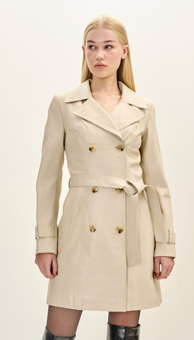 Women's Premium Leather Double Breasted Trench Coat - Beige - Ron Tomson