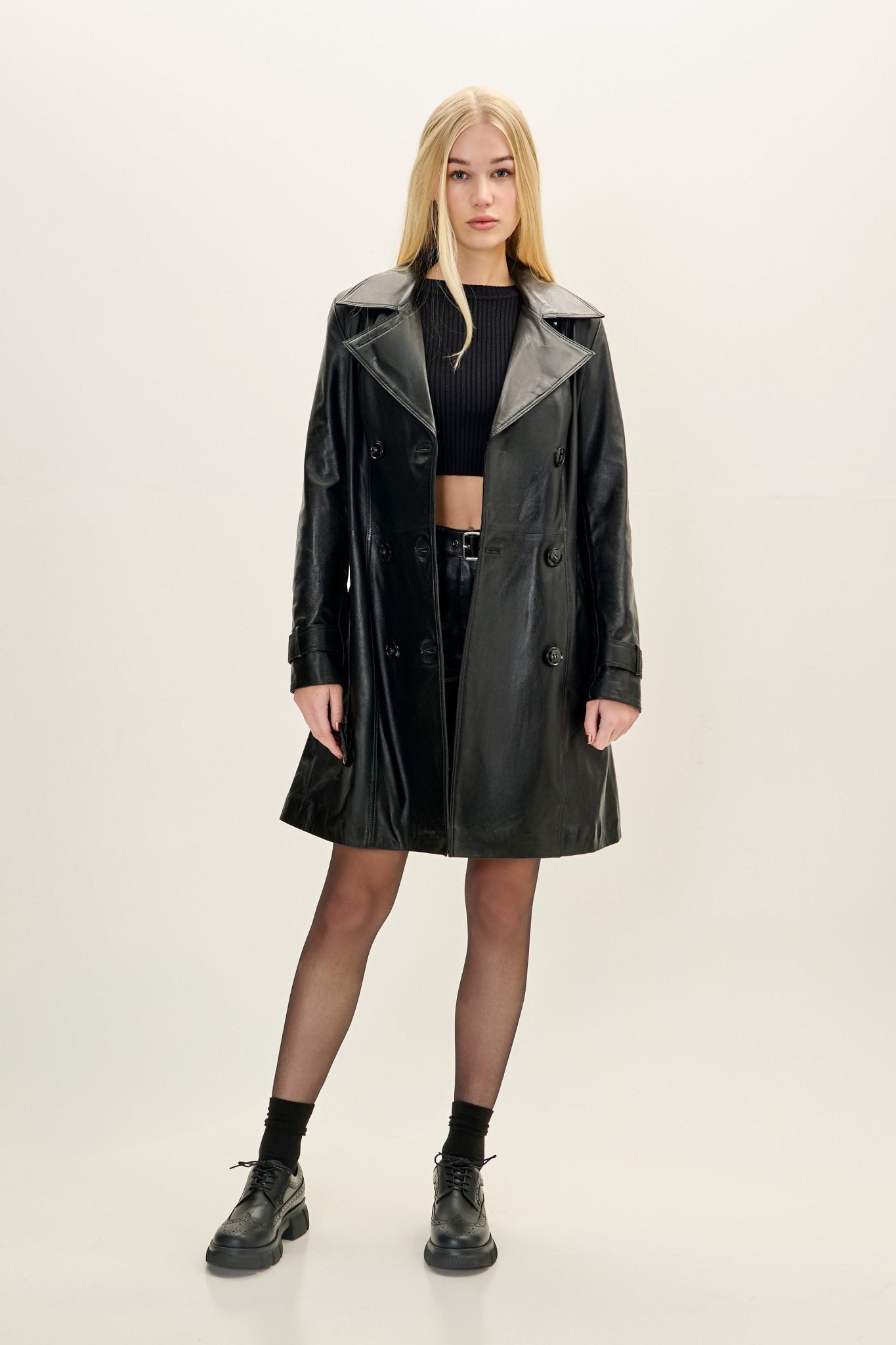 Women's Double-Breasted Lambskin Leather Trench Coat - Black | Ron Tomson Women's Double-Breasted Lambskin Leather Trench Coat - Black | Ron Tomson