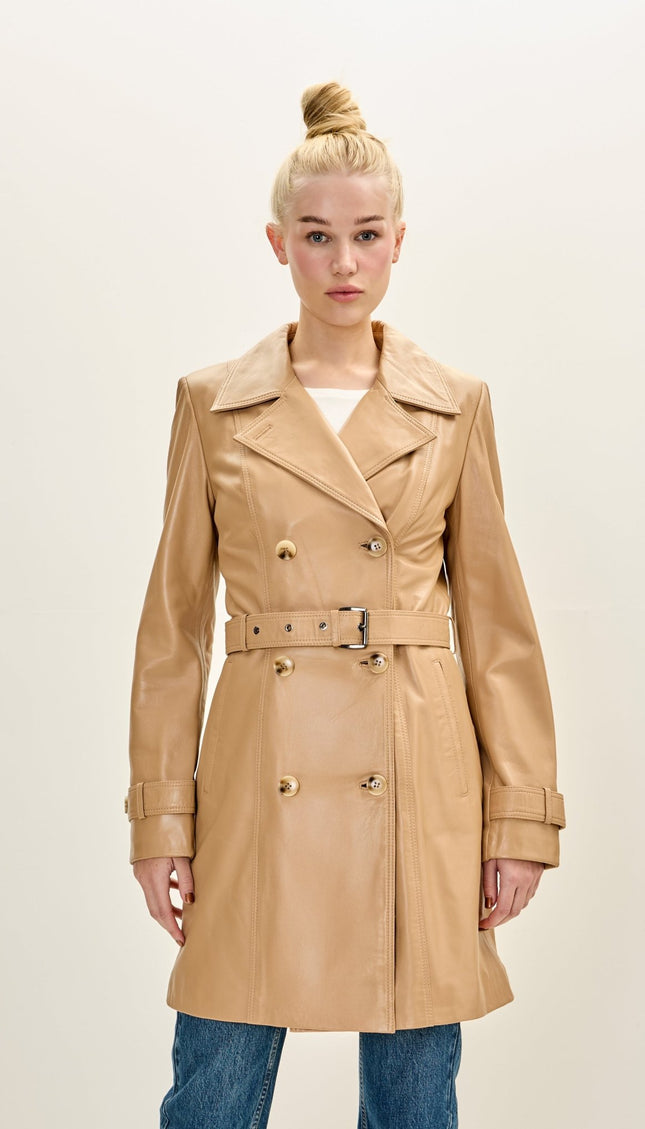 Women's Premium Leather Double Breasted Trench Coat - Dark Beige - Ron Tomson