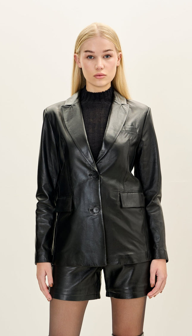 Women's Premium Leather Double - Button Blazer - Black - Ron Tomson