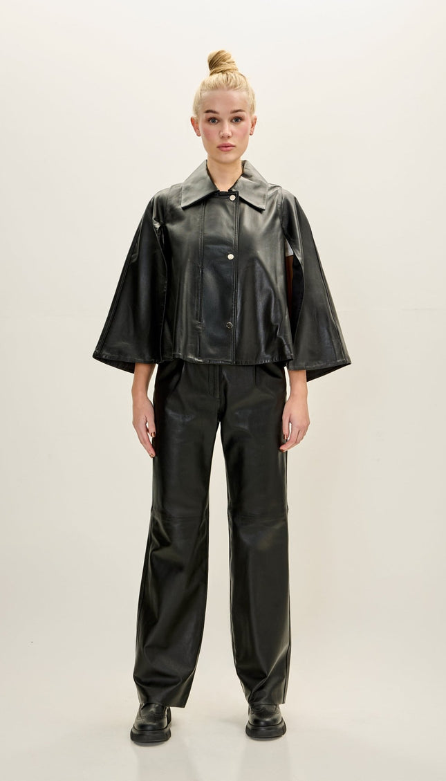 Women's Premium Leather Double Cape Jacket - Black - Ron Tomson