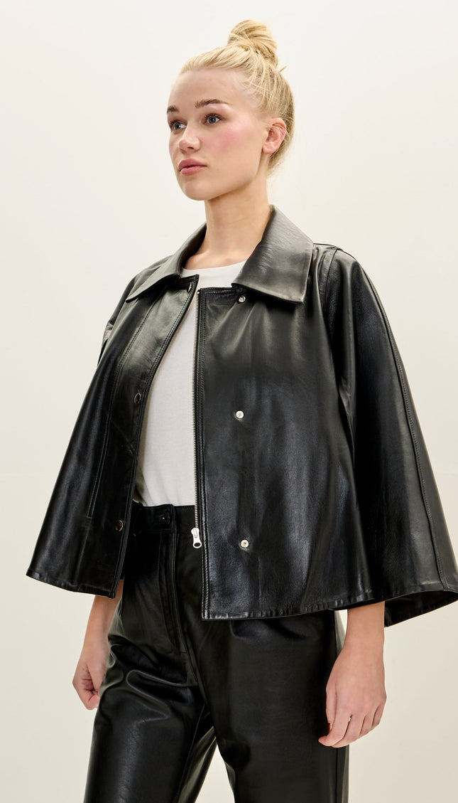 Women's Premium Leather Double Cape Jacket - Black - Ron Tomson