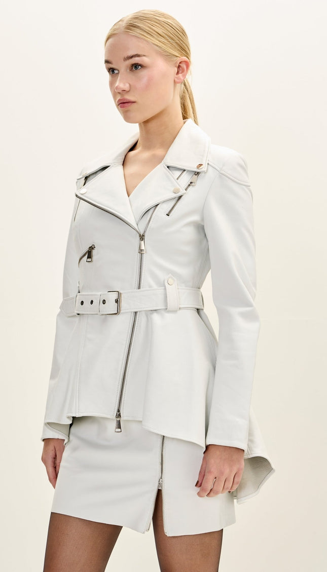 Women's Premium Leather Fitted Peplum Jacket - White - Ron Tomson