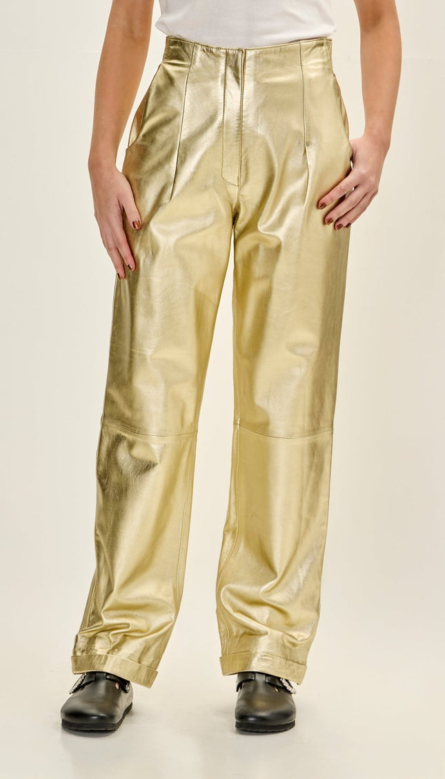 Women's Premium Leather High Waist Sleek Trousers - Gold - Ron Tomson