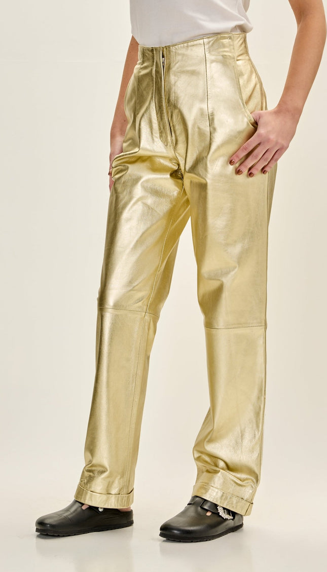 Women's Premium Leather High Waist Sleek Trousers - Gold - Ron Tomson