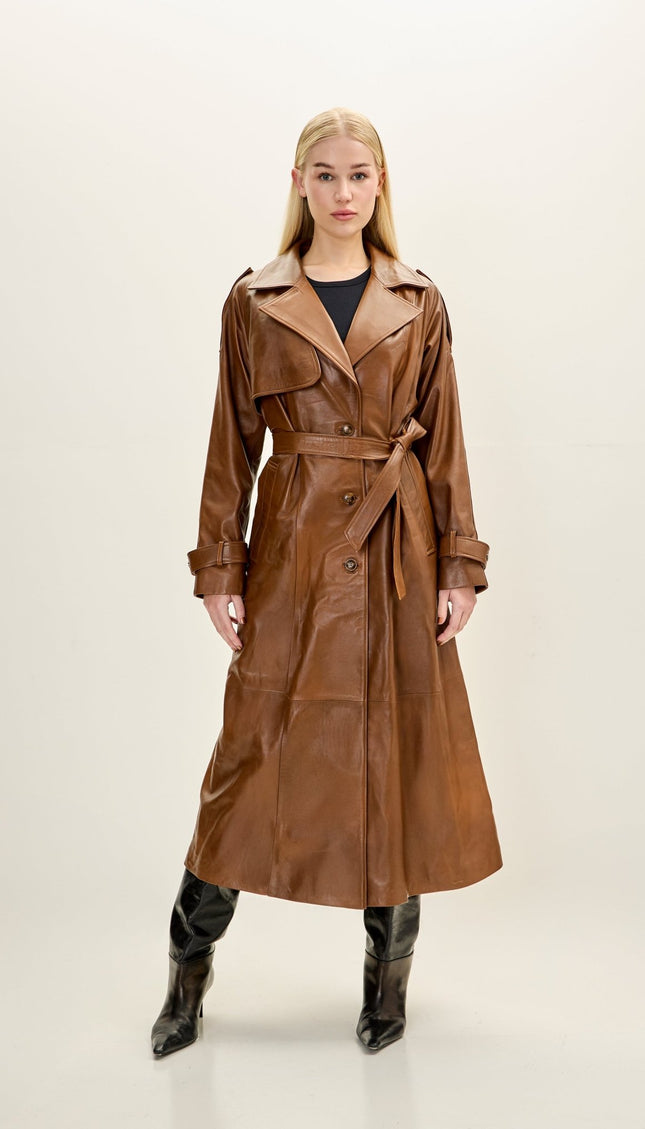 Women's Premium Leather Long Trench Coat - Brown - Ron Tomson