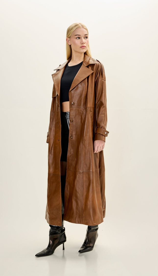 Women's Premium Leather Long Trench Coat - Brown - Ron Tomson