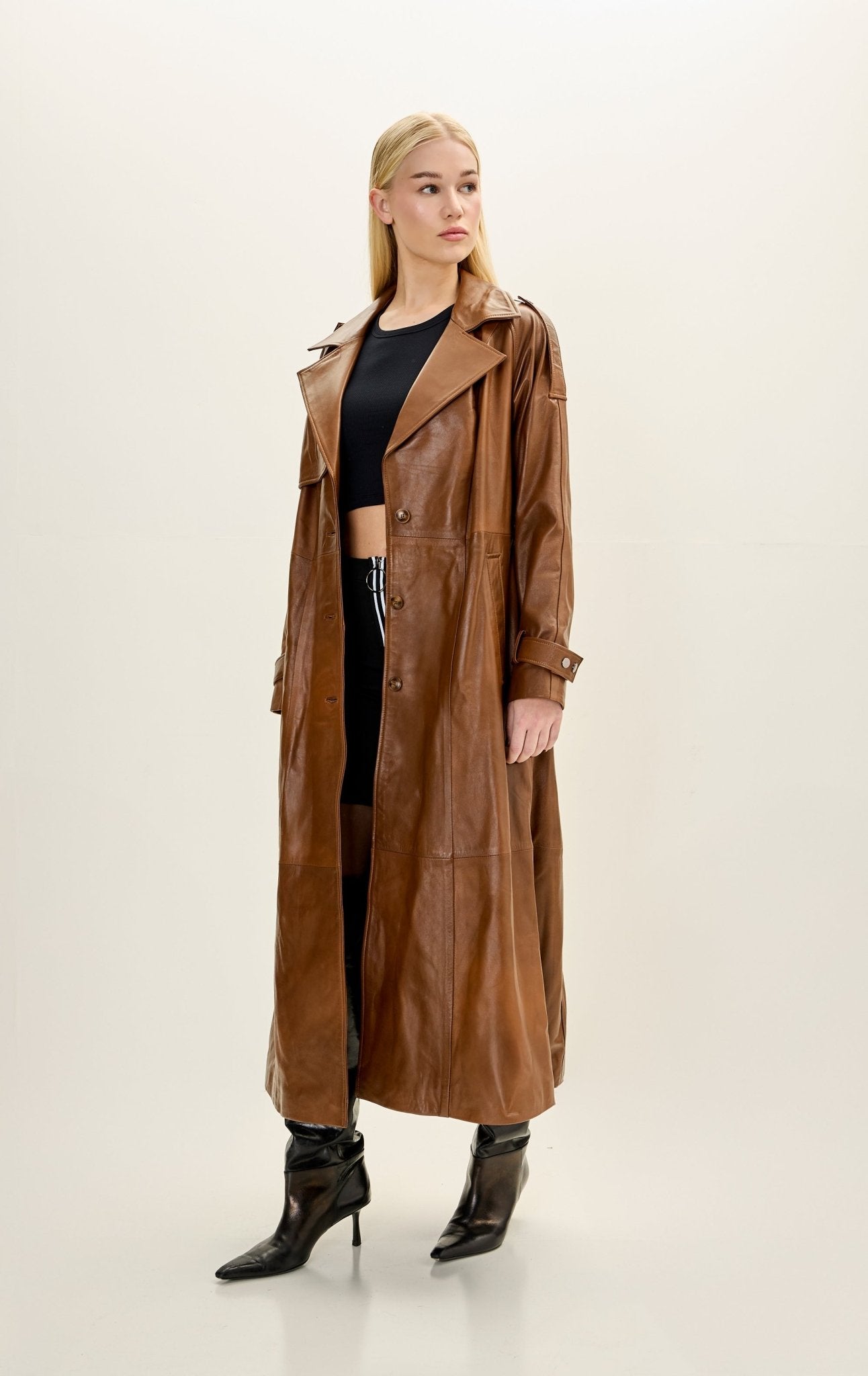 Lambskin Leather Long Trench Coat Brown - Main Image