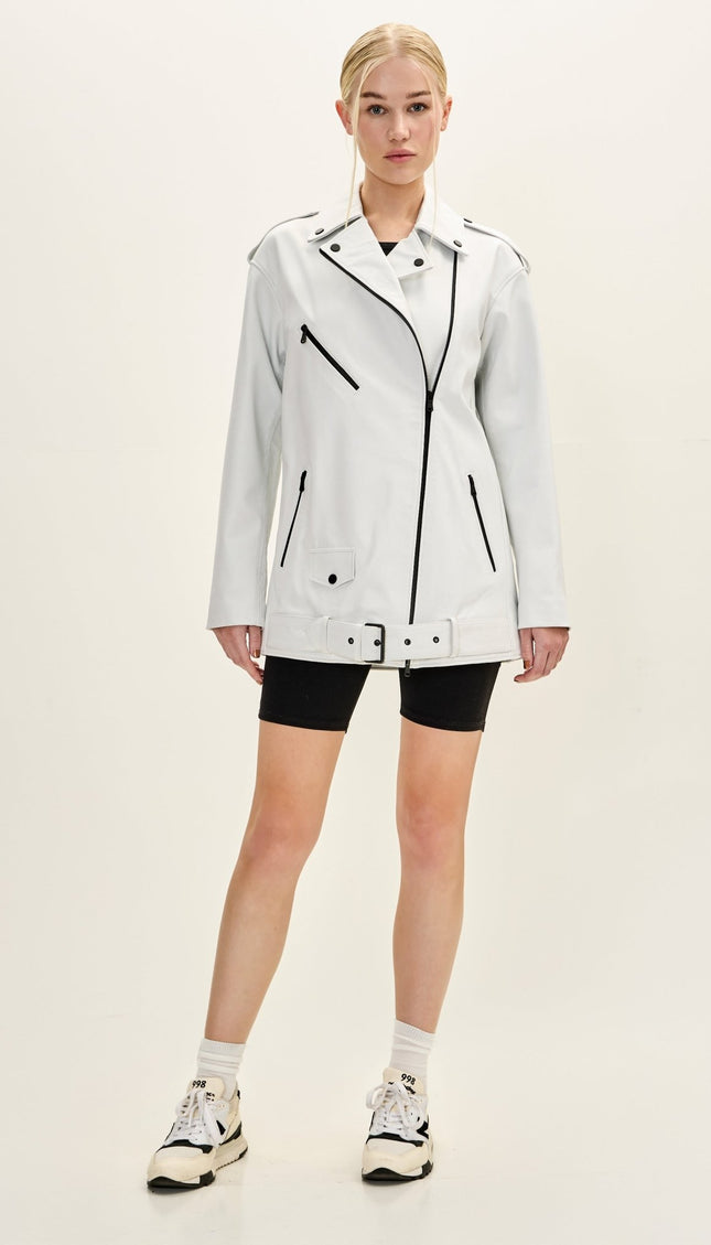 Women's Premium Leather Oversized Biker Jacket - White - Ron Tomson