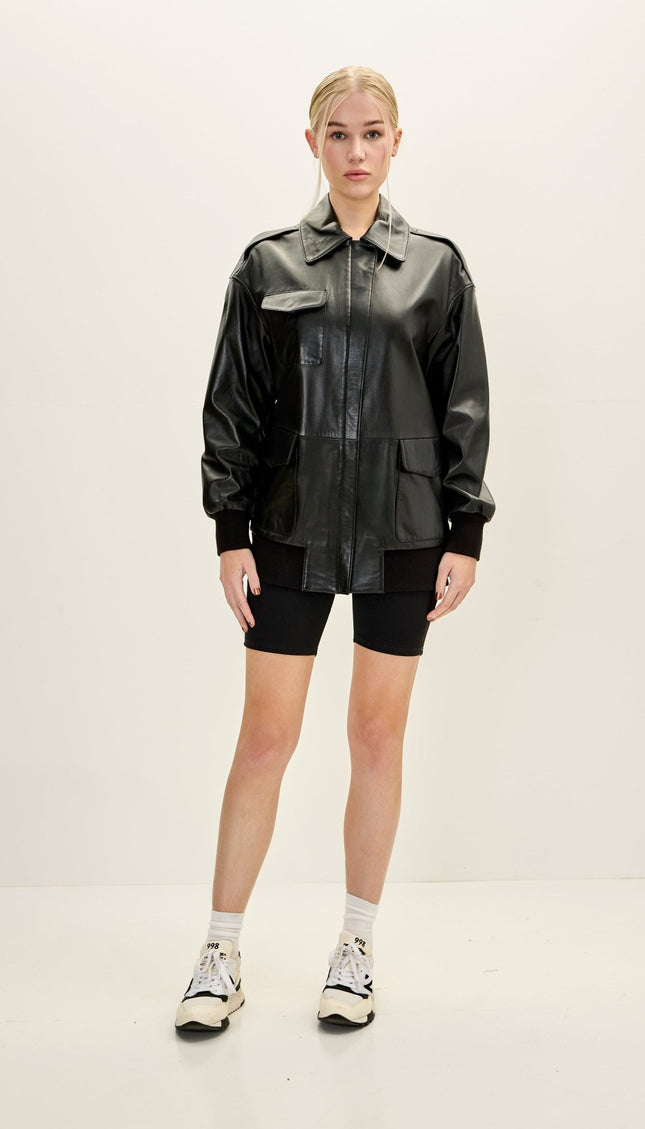 Women's Premium Leather Oversized Jacket - Black - Ron Tomson