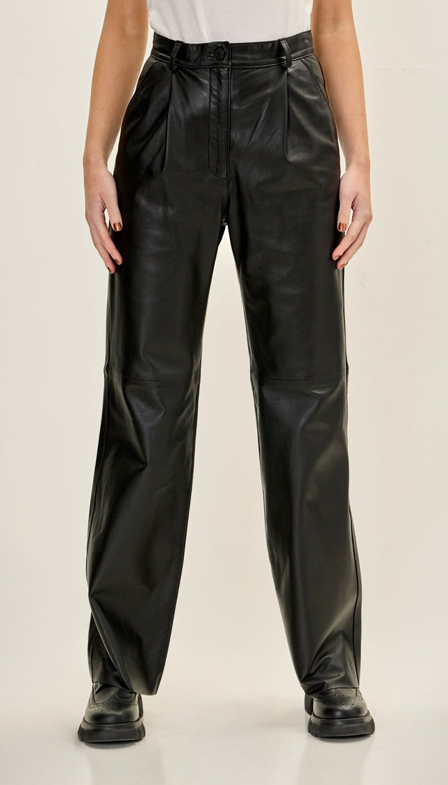Women's Premium Leather Pleated Straight Pants - Black - Ron Tomson