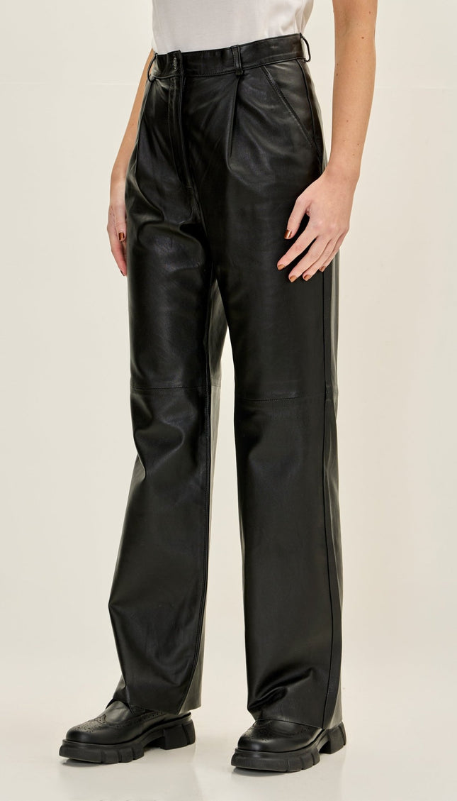 Women's Premium Leather Pleated Straight Pants - Black - Ron Tomson