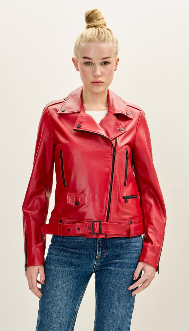 Women's Premium Leather Prefect Biker Jacket - Red - Ron Tomson