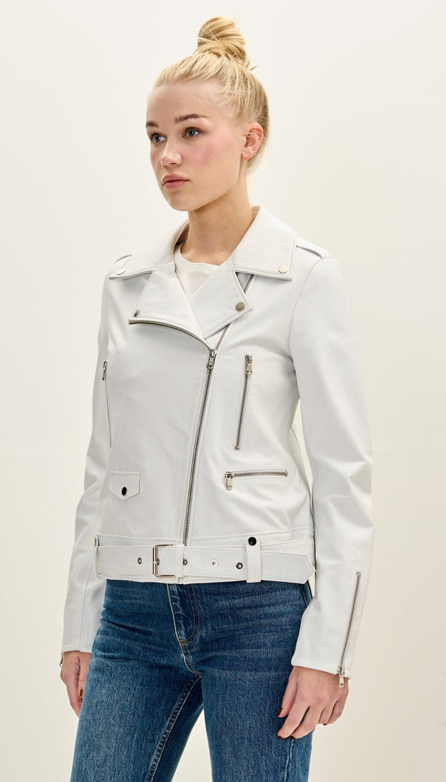 Women's Premium Leather Prefect Biker Jacket - White - Ron Tomson