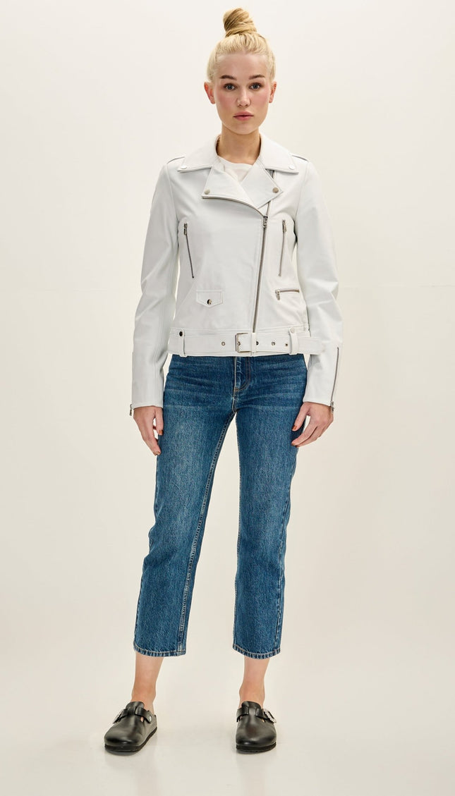 Women's Premium Leather Prefect Biker Jacket - White - Ron Tomson