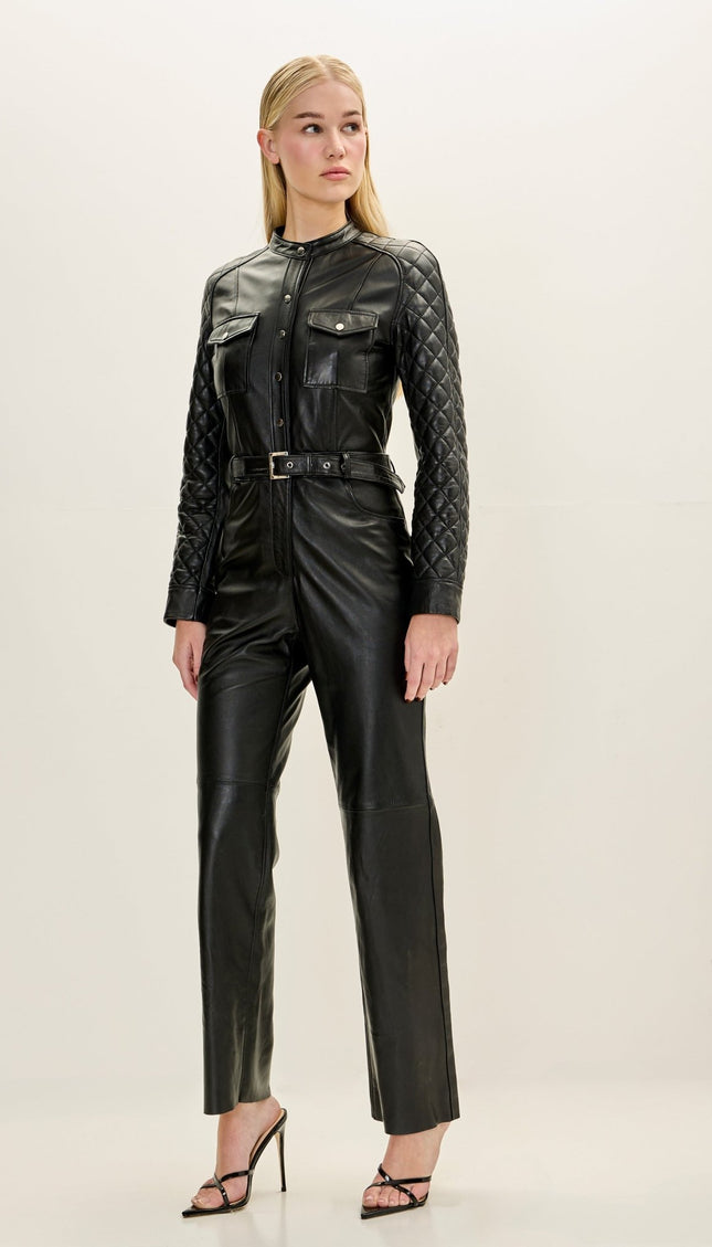 Women's Premium Leather Quilted Detail Jumpsuit - Black - Ron Tomson