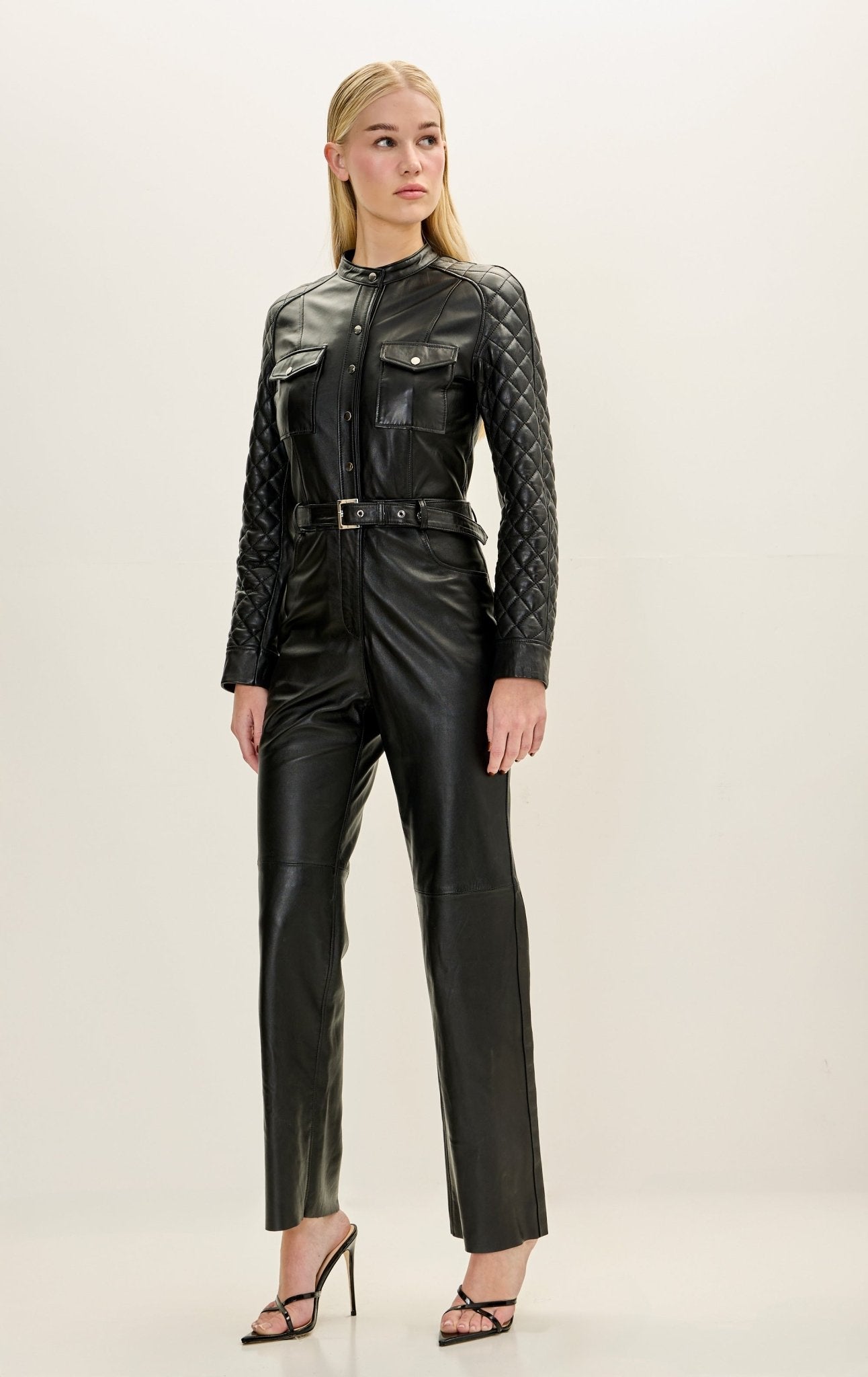 Lambskin Leather Quilted Detail Jumpsuit Black - Main Image