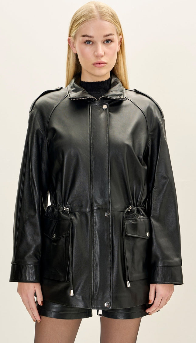 Women's Premium Leather Safari Jacket - Black - Ron Tomson