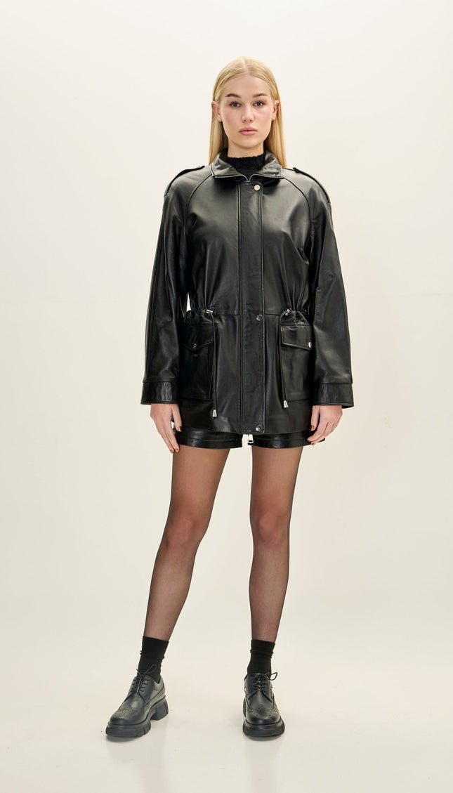 Women's Premium Leather Safari Jacket - Black - Ron Tomson