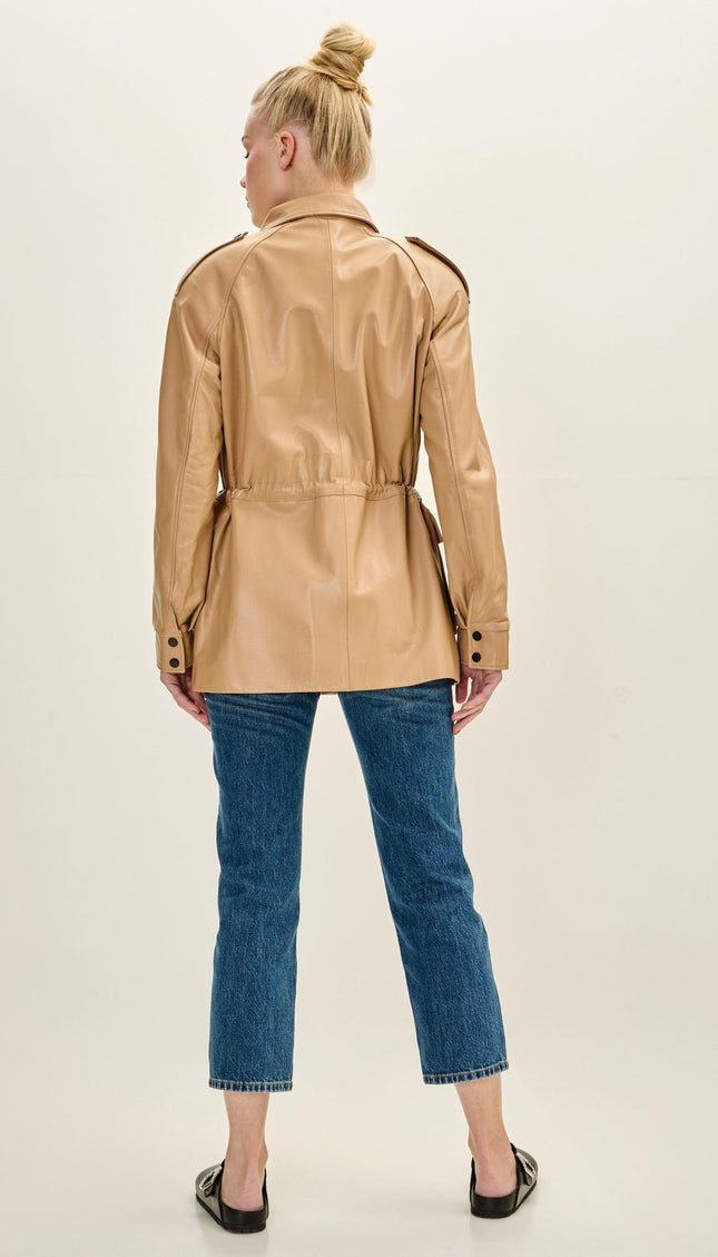 Women's Premium Leather Safari Jacket - Dark Beige - Ron Tomson