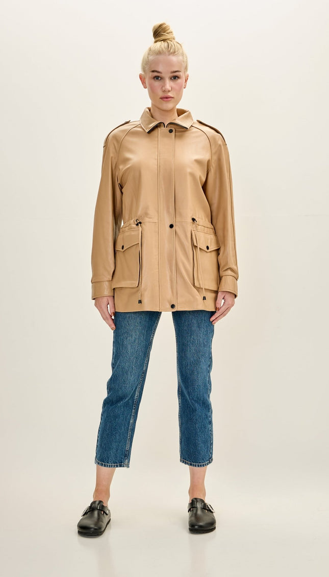 Women's Premium Leather Safari Jacket - Dark Beige - Ron Tomson