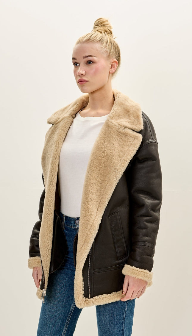 Women's Premium Leather Shearling Lined Jacket - Dark Brown - Ron Tomson