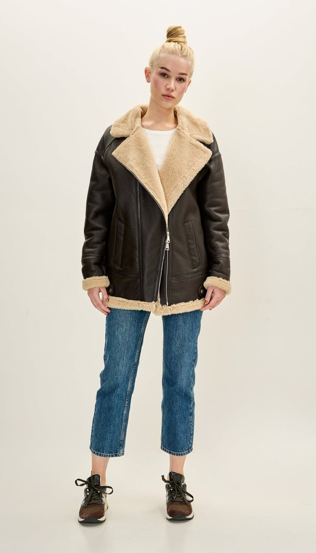 Women's Premium Leather Shearling Lined Jacket - Dark Brown - Ron Tomson