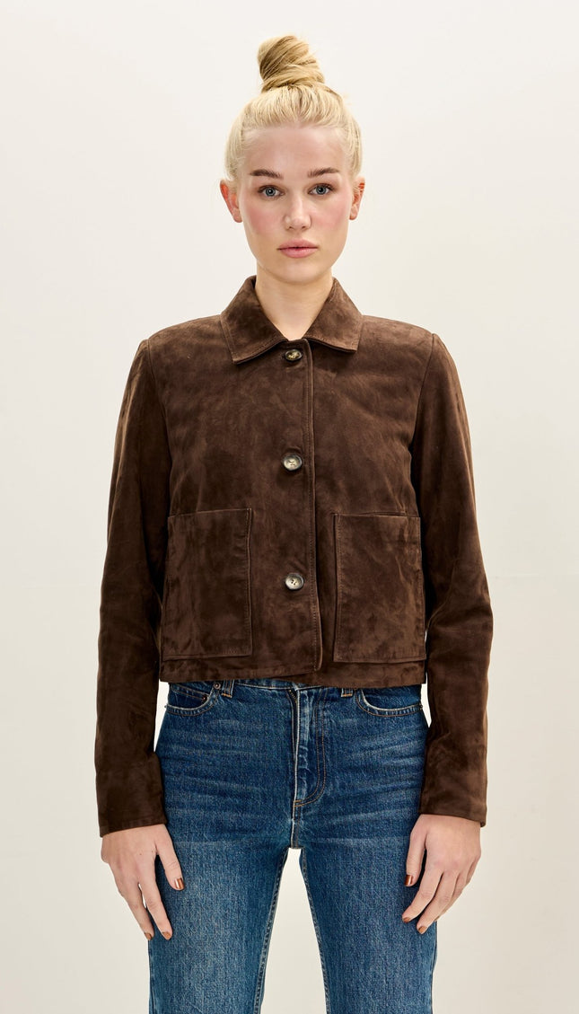 Women's Premium Leather Short Suede Jacket - Dark Brown - Ron Tomson