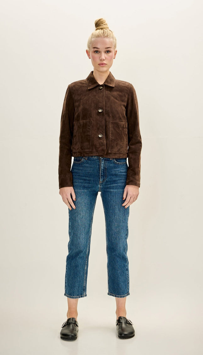 Women's Premium Leather Short Suede Jacket - Dark Brown - Ron Tomson