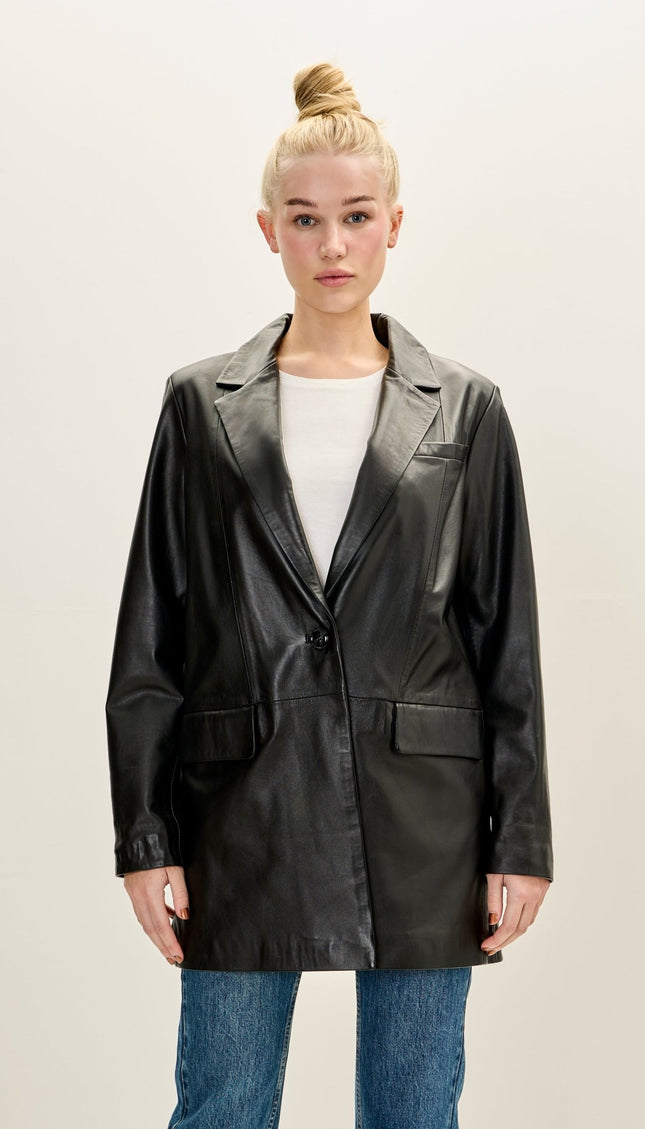 Women's Premium Leather Single - Button Blazer - Black - Ron Tomson