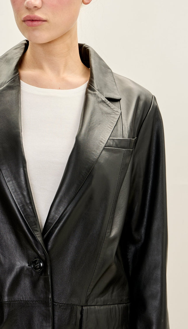 Women's Premium Leather Single - Button Blazer - Black - Ron Tomson
